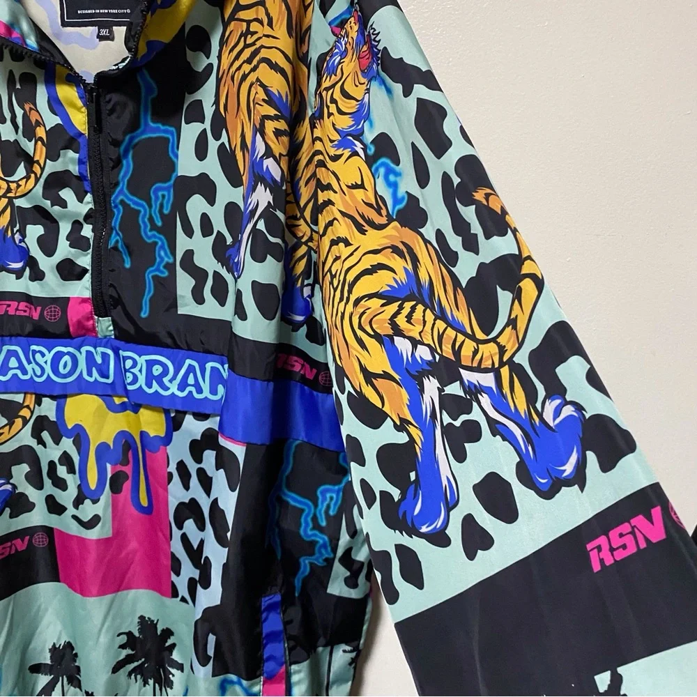 Reason Brand AOP AllOver Print Half-Zip Pullover Hooded Jacket Smiley Tiger RSN - Picture 6 of 14